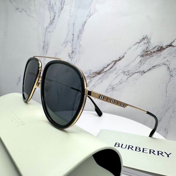 New Burberry Sunglasses Polarized Gold Black Check Arms Aviator Pilot Metal